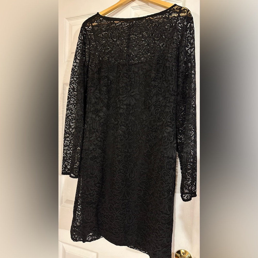 Chaps Black Lace Cocktail Sheath Dress Long Sleeve Lined Women's 16